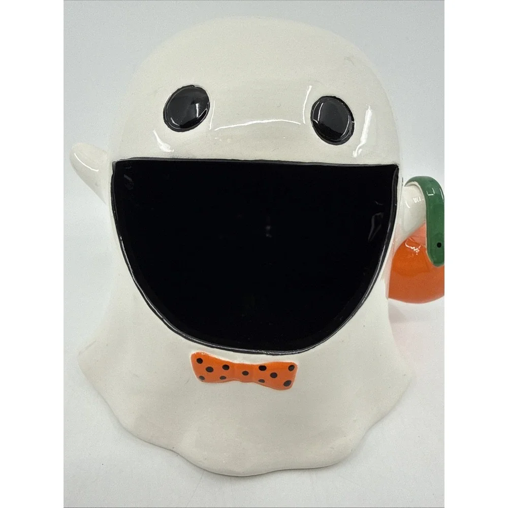 Pier 1 Ceramic Halloween Trick Or Treat Bow tie Ghost Open Mouth Candy Dish 7